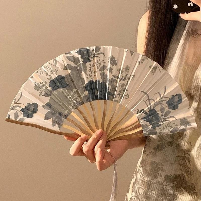 21/22cm Portable Hand Fold Fan New Chinese Style Dance Props Retro Shell Fan Woman Men Bamboo Wood Silk Flower Folding Fan
