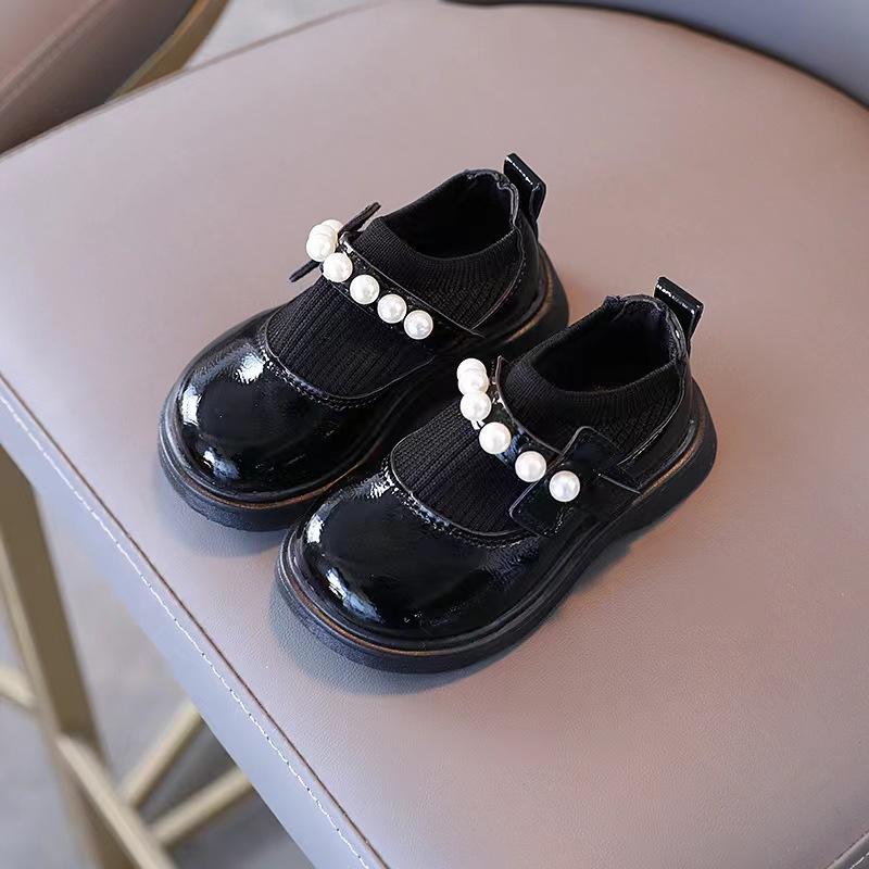 Little Girls Fashion Princess Pearl Leather Casual Low Top Flat Shoes 21 чёрный