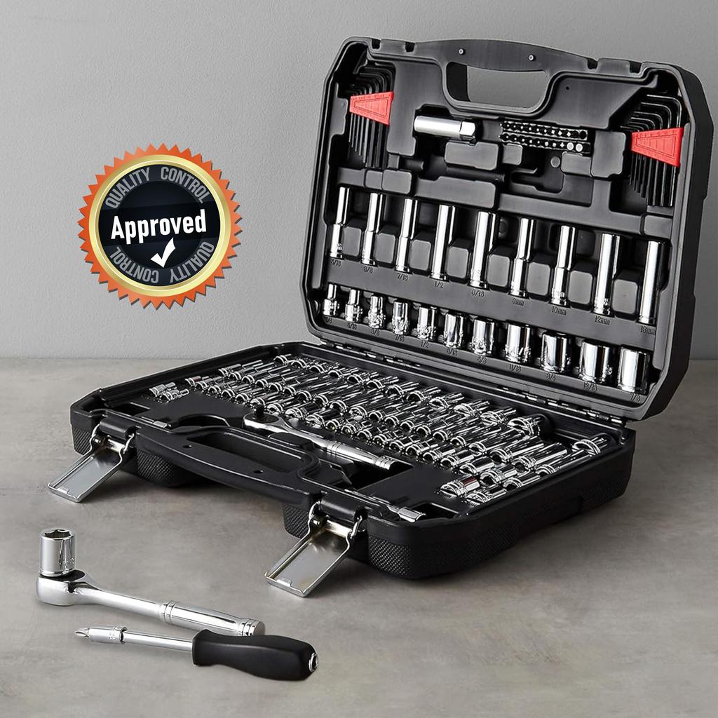 Amazon Basics Mechanic Socket Tool Kit with 123 Piece Set Case,