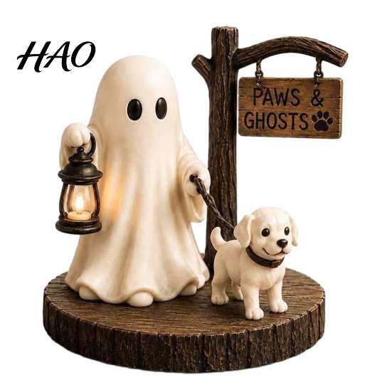 Fall Home Accents Halloween Ghost Figurine, Vintage Cozy Reading Book/Walking Dog Statue with Lantern, Seasonal Desktop Ornaments Light Up Spooky