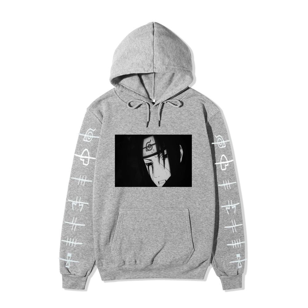 Anime Naruto Itachi Uchiha Hoodie Double Sleeve Symbol Print Character Front Print Pullover Sweatshirt Men Women Streetwear