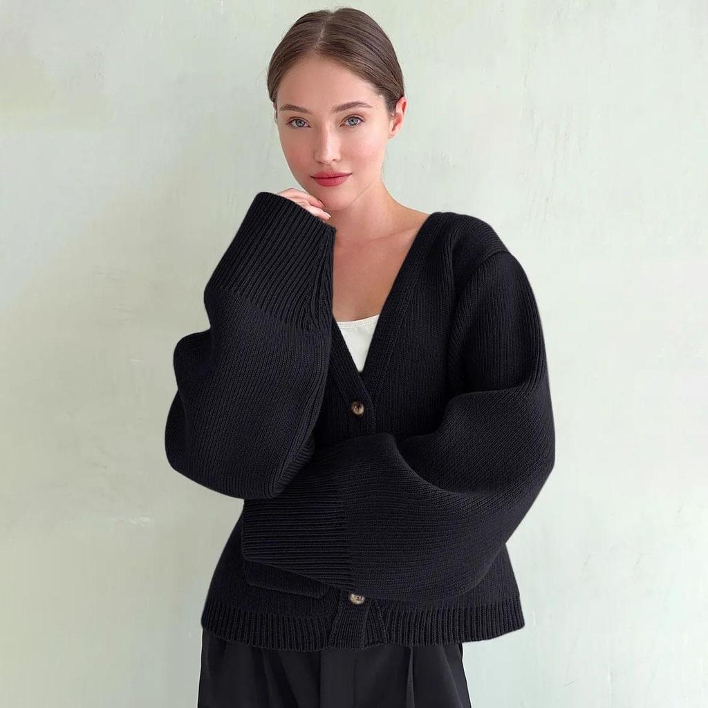 Women's V-neck Pocket Knitted Cardigan Loose Long Sleeve Sweater