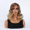Mixed Blonde Brown Ombre Wavy Hair Shoulder Length Synthetic Bob Wigs With Bangs For Women Natural Cosplay Daily Use Heat Resistant Wigs