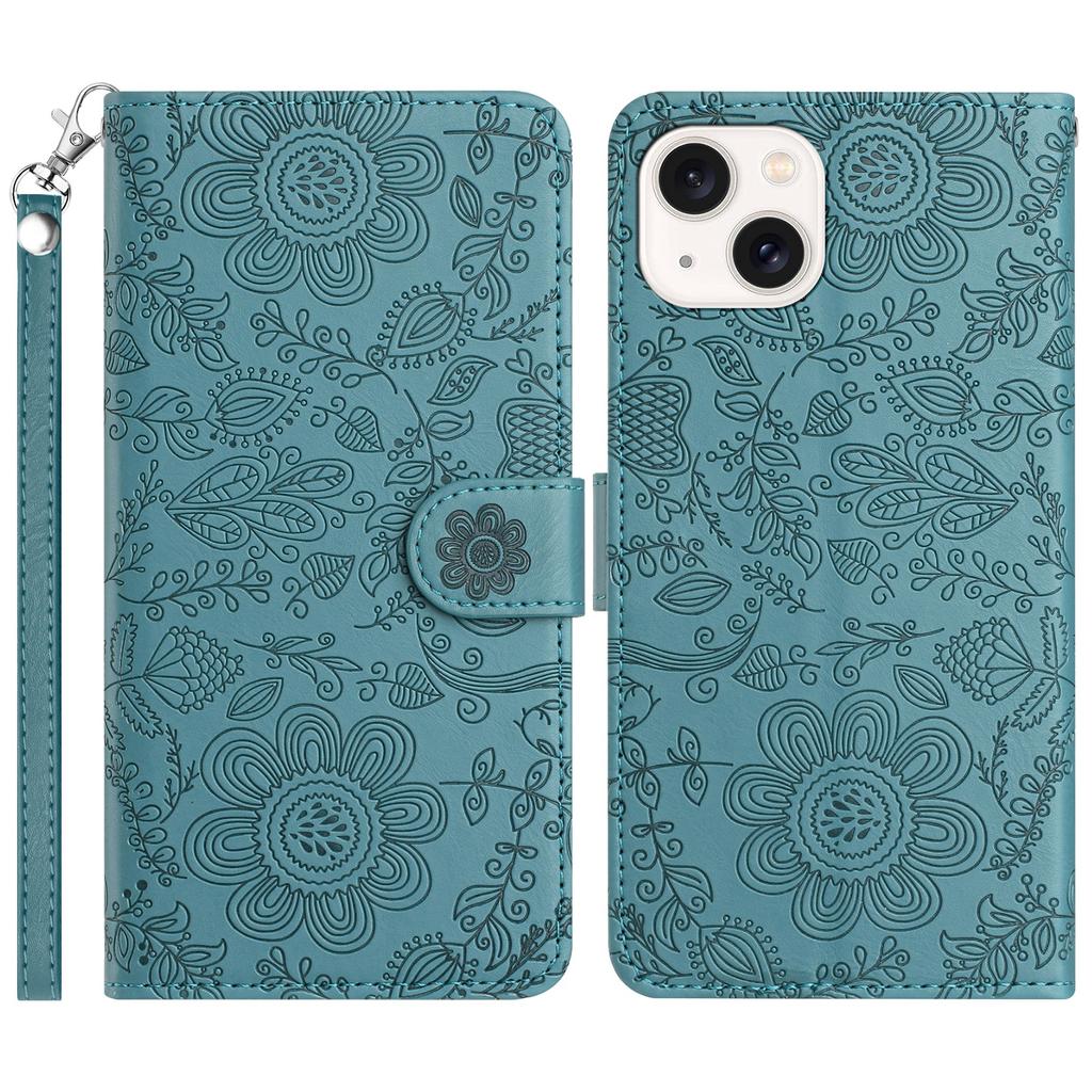 For iPhone 14/13 Case Flower Imprint Leather Flip Wallet Phone Cover with Wrist Strap