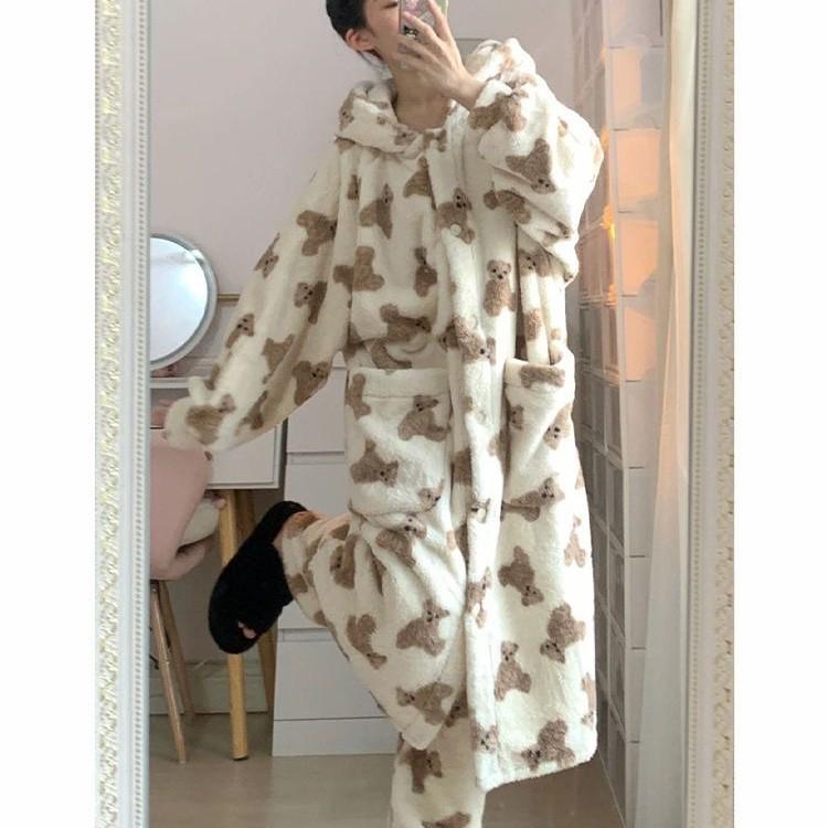 Cute Teddy Bear Coral Fleece Pajamas for Women - Autumn/Winter 2026 Thick Flannel Sleep Dress