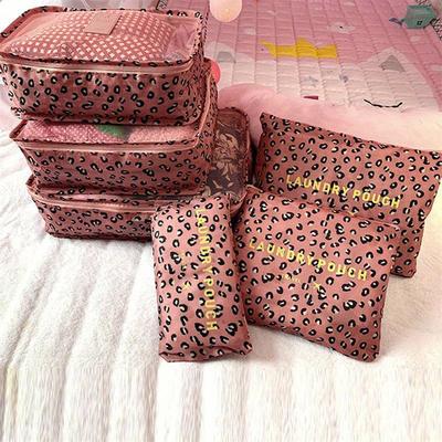 6pcs Leopard Print Travel Packing Cubes Multifunctional Luggage Organizers Zipper Closure Durable Oxford Fabric Hand Washable
