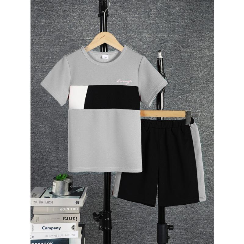 2pcs Men Casual Colorblock Short Sleeve T-shirt & Shorts Set, Comfy Summer Man Clothes
