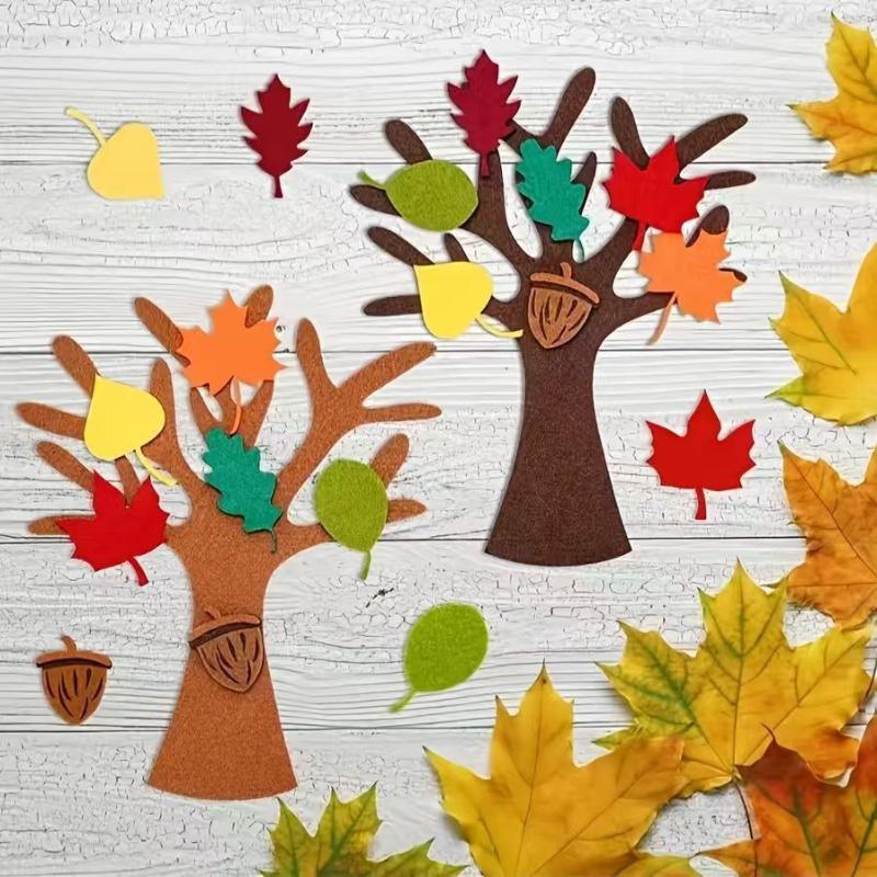 48Pcs Felt Tree Diy Craft Kit Autumn Leaf Non Woven Ornament Reusable Wall Hanging Decor For Thanksgiving Home Party