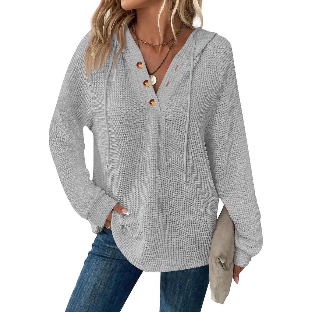 Women's Fashion Long Sleeve Drawstring Hooded Button V-neck Casual Hooded Sweatshirt Top