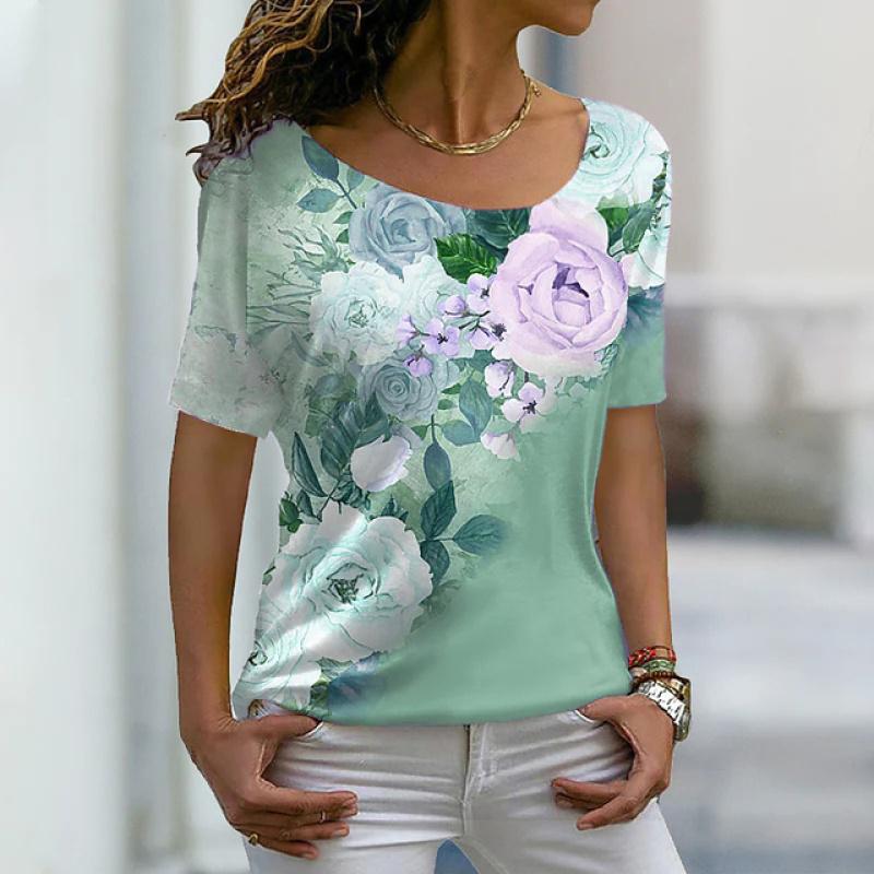 Summer Women T Shirt Casual Fashion T-shirt Female Color Flower Print Short Sleeve Top Vintage Oversized Tees Kawaii Clothes New