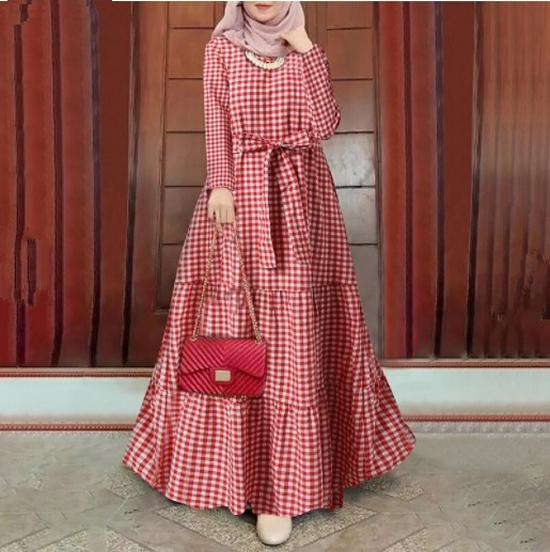 Plaid Round Neck Full Sleeve Loose Dress with Belt