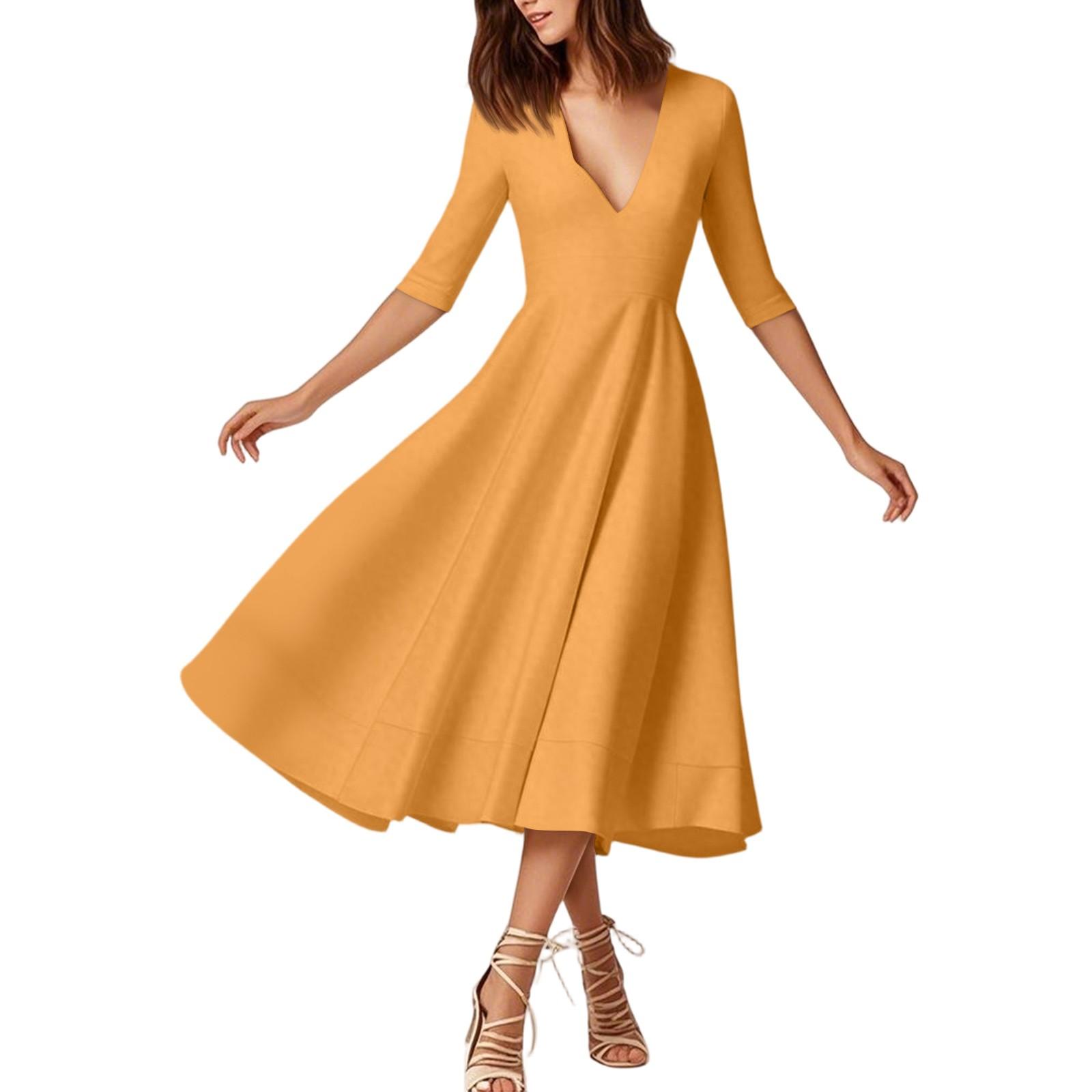 

Женское модное платье средней длины со средним рукавом, сексуальное платье с V-образным вырезом XL оранжевый