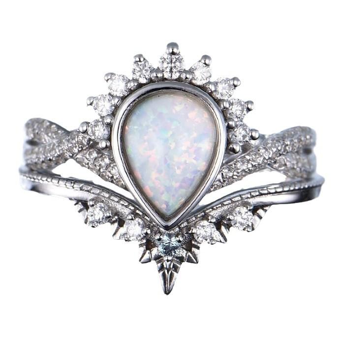 2025New Luxury Full-diamond Opal Couple Rings, European and American Women's Wedding Rings, Creative Water Drop Crown Jewelry