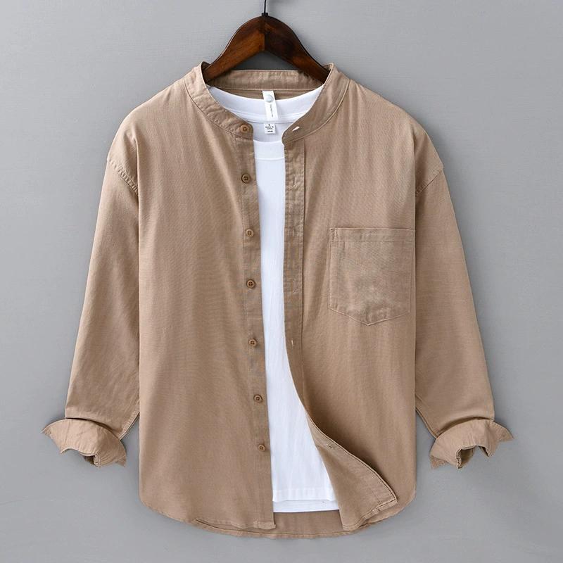 Cotton Linen Shirt Mandarin Collar Long Sleeve Casual Loose Fit Button-Up Shirt Men's Retro Camping Fishing