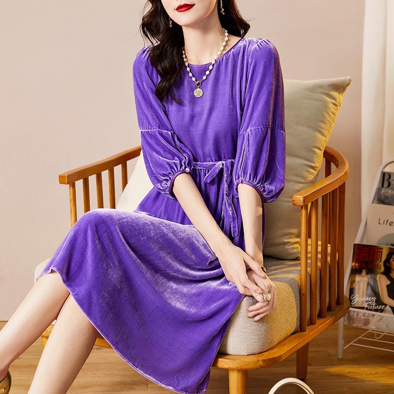 Silk Velvet Women's Dress with Belt & 3/4 Sleeves - Autumn Winter Collection