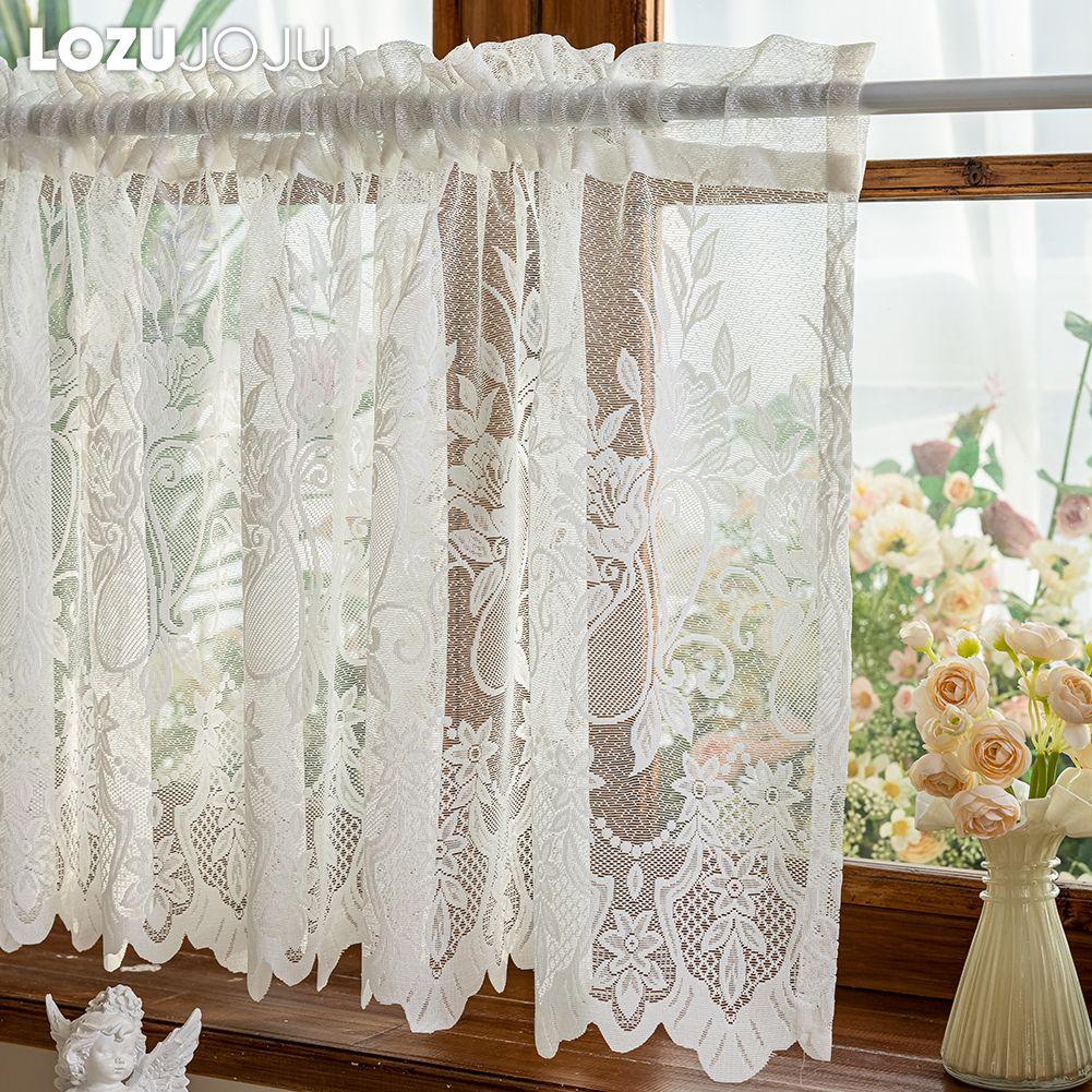 1PC LOZUJOJU French Retro Lace Short Curtain, Rustic Style, Lightweight Sheer Curtain for Living Room Kitchen Cupboard Window Home Decor