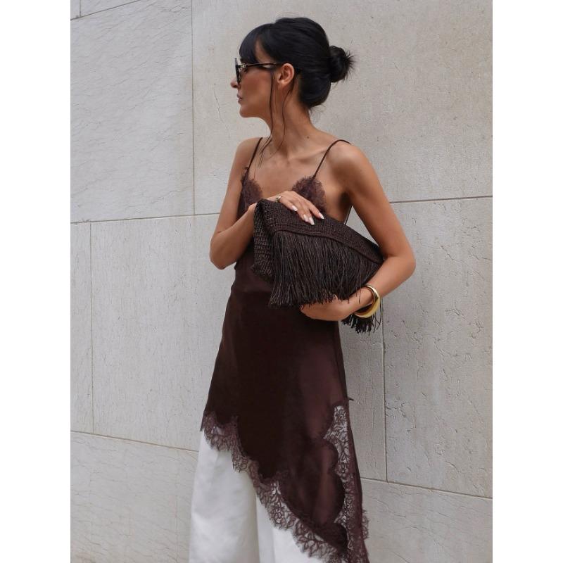 Moda Dulce Encaje Patchwork Ropa Interior Top Irregular Biselado Correa Chaleco Tops de Tirantes de Verano para Mujer Nuevo Elegante Holgado Casual Sexy Camisetas de Tirantes