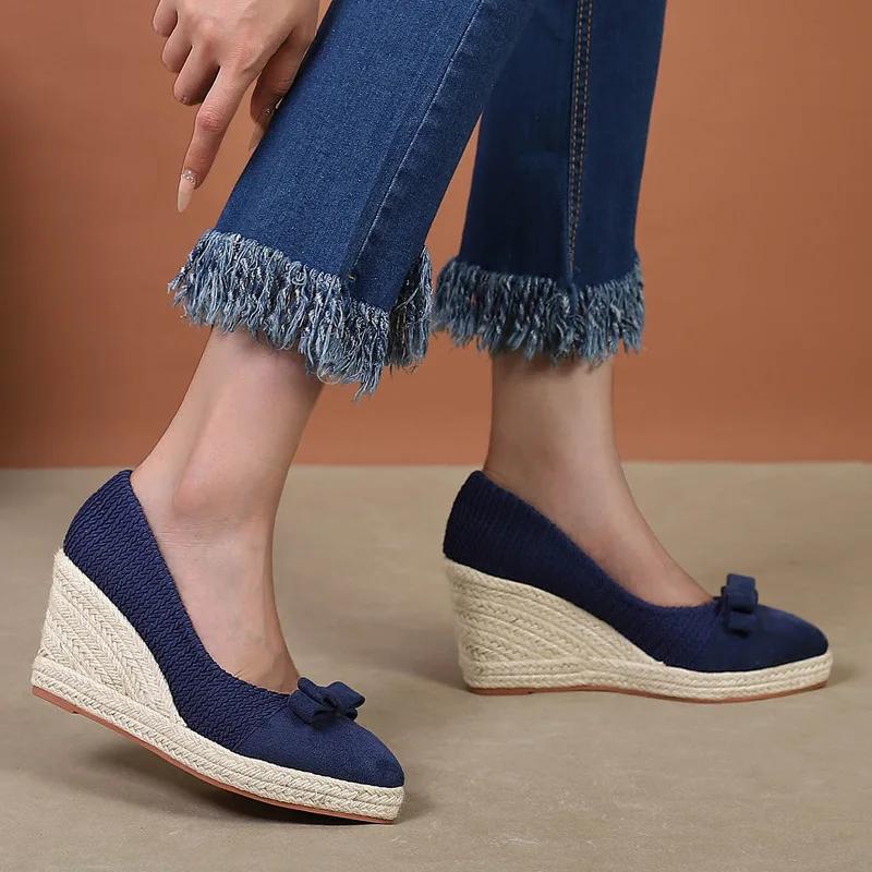 8cm Plus Size 34-42 Breathable Shallow Flock Platform Wedges Shoes Women 2025 Fall Bow High Heels Pumps for Office Mom Dance