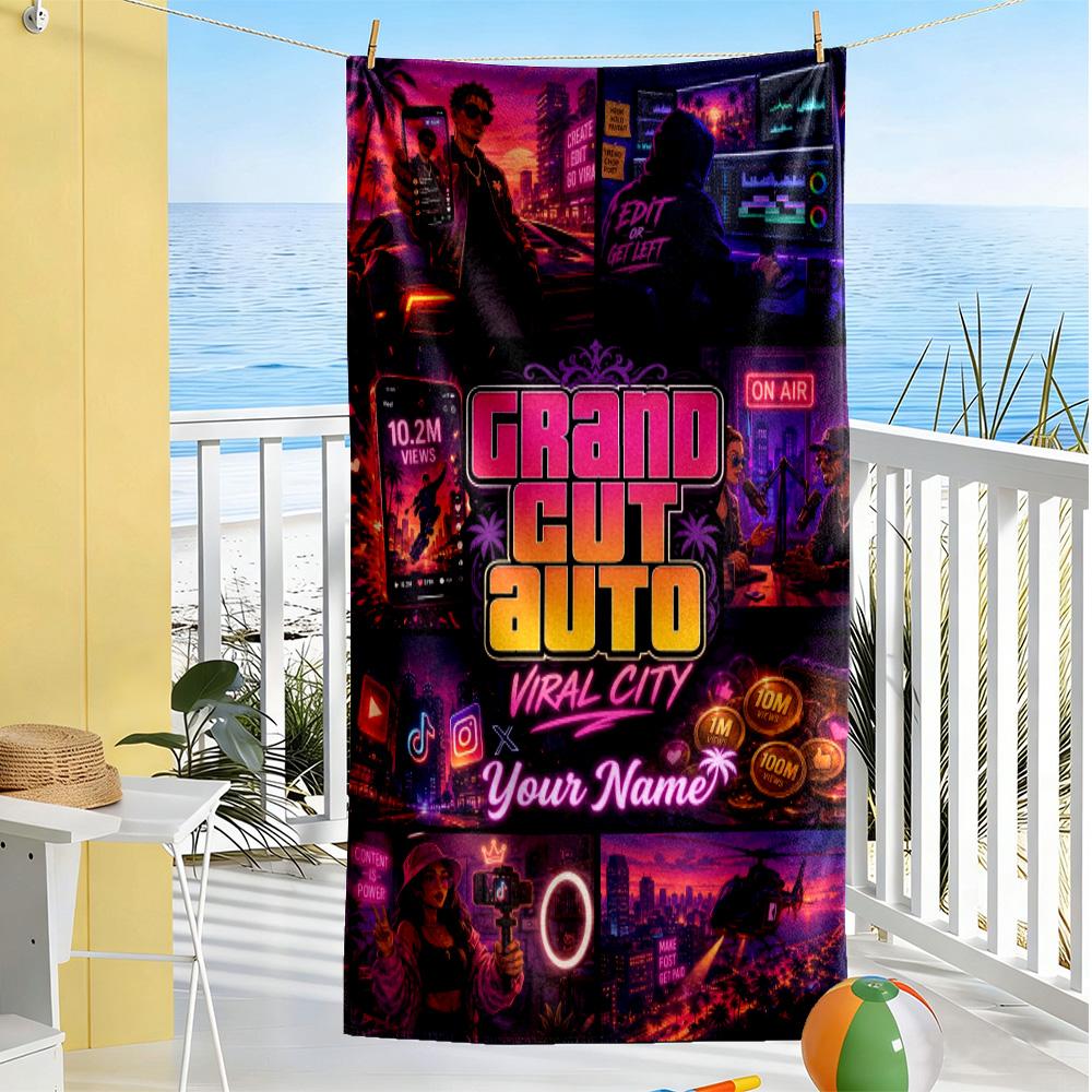 Grand Theft Auto Customize Your Name Beach Towel High Absorbency & Quick-Dry Suitable for Sports Travel Swimming Yoga Bathroom Beach And Pool