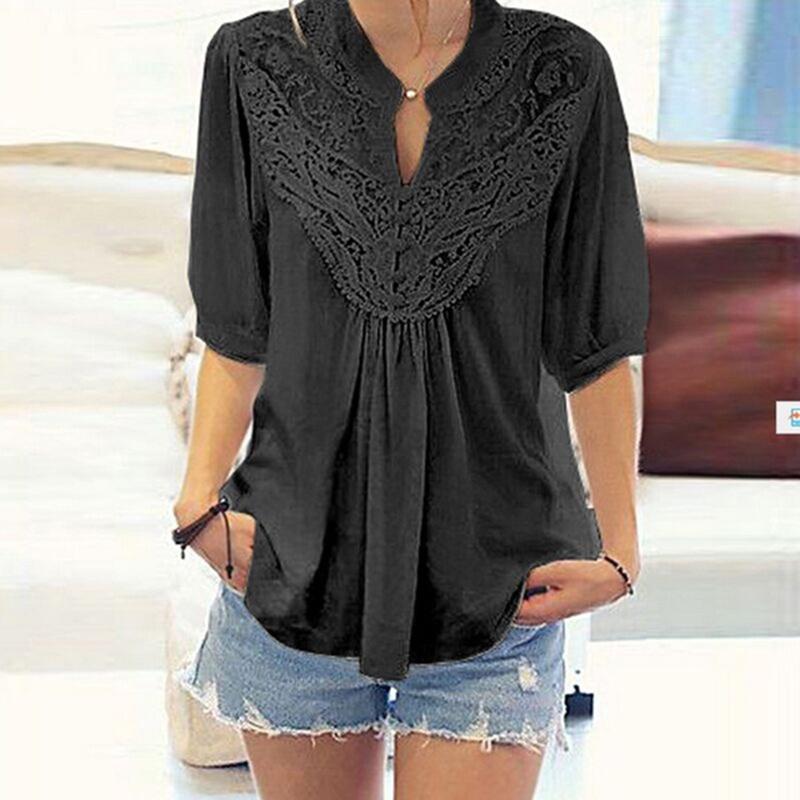

Ladies Blouse Hollow T Shirts Tops Lace Tunic Top Shirt Chiffon Freesize XL(Tag:XL=US M) чёрный