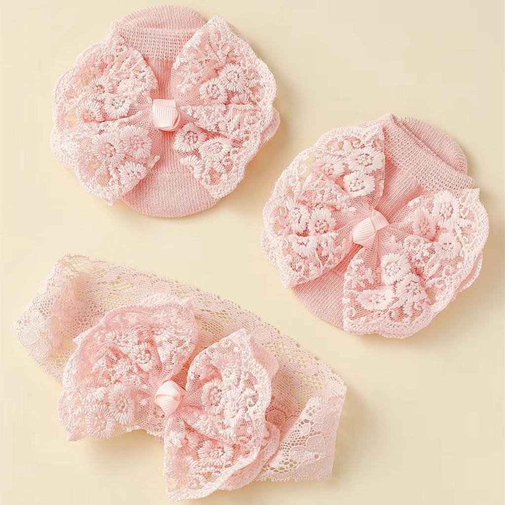 Spitzen-Schleifen-Baby-Stirnband & Rutschfeste Socken Set für Prinzessinnen