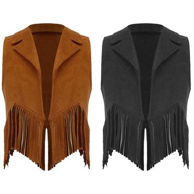 Girl Western Cowboy Cosplay Suede Fringe Vest Tassels Open Front Halloween Role Play Costume Vest Cowgirl Outfit