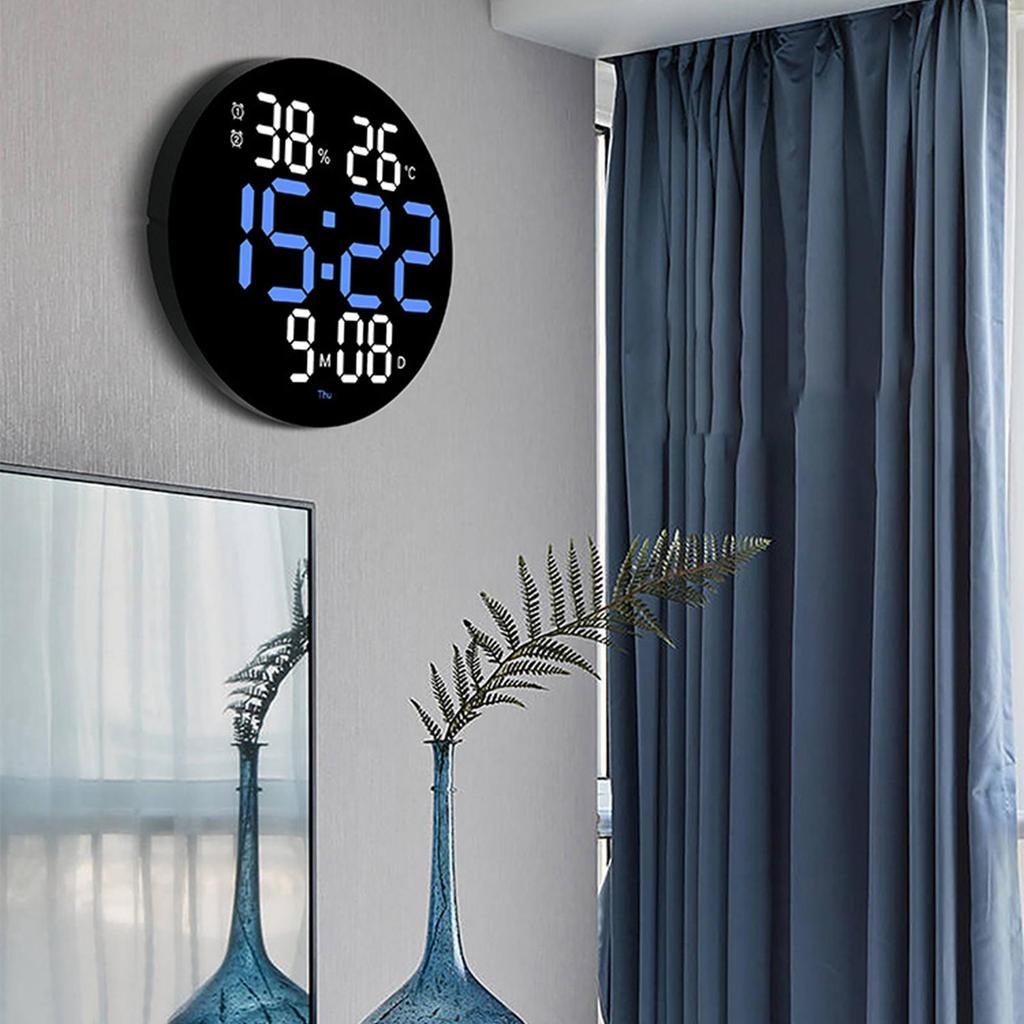 Multifunctional Wall Clock Round Remote Control Time Week Date Temperature Humidity Display for Home Dining Room