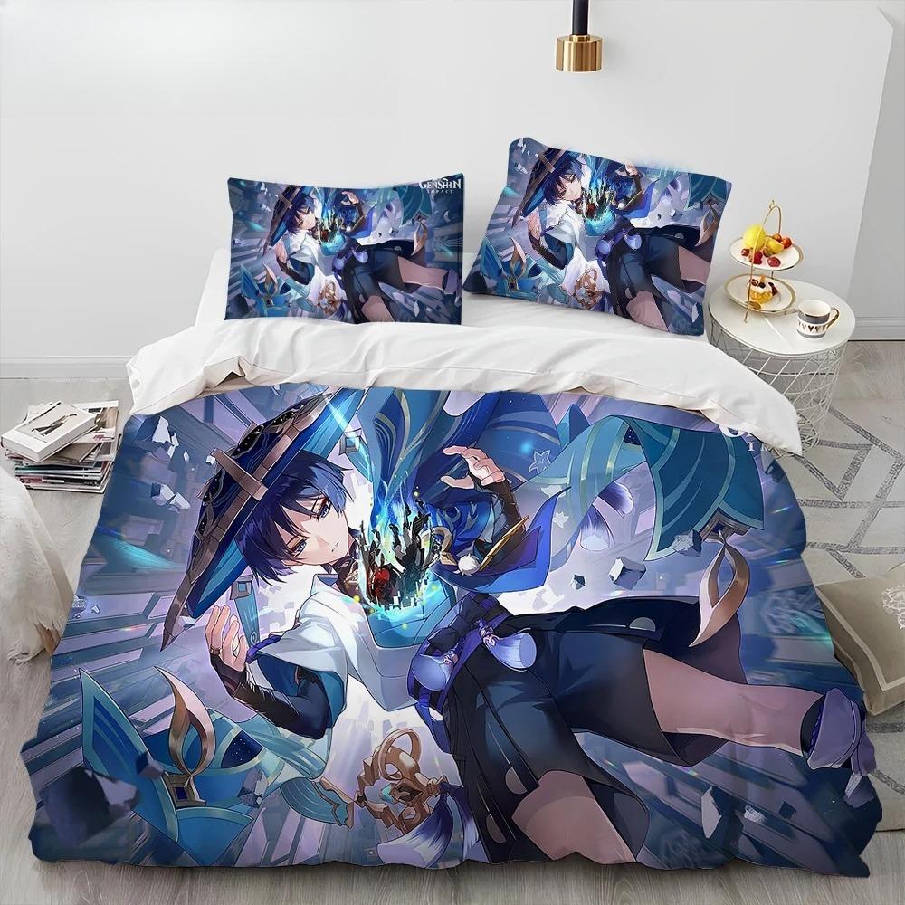 Genshin Impact Game Gamer Cartoon Comforter Bedding Set,Duvet Cover Bed Set Quilt Cover Pillowcase,king Queen Size Bedding Set
