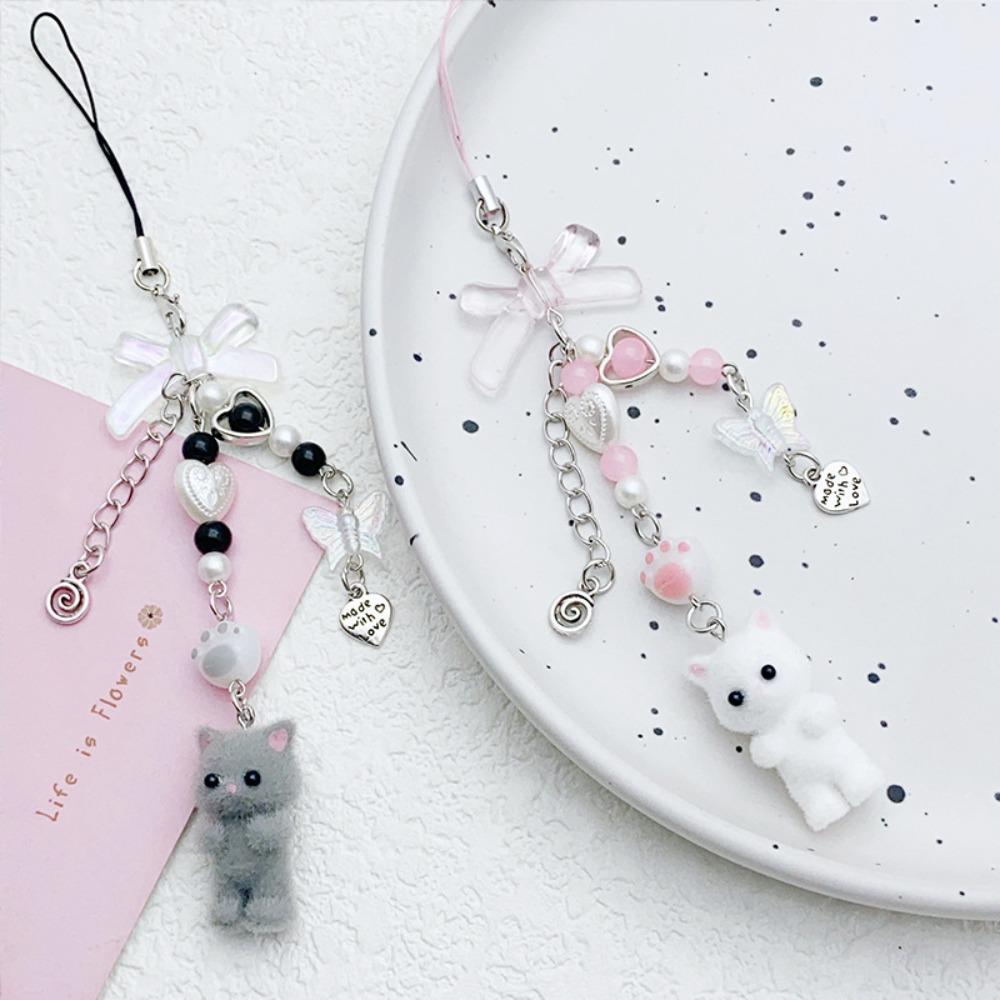 Cute Sweet Bowknot String Beads Flocking Kitty Key Chains Mobile Phone Pendant for Women Exquisite Cat Jewelry Accessory Gifts