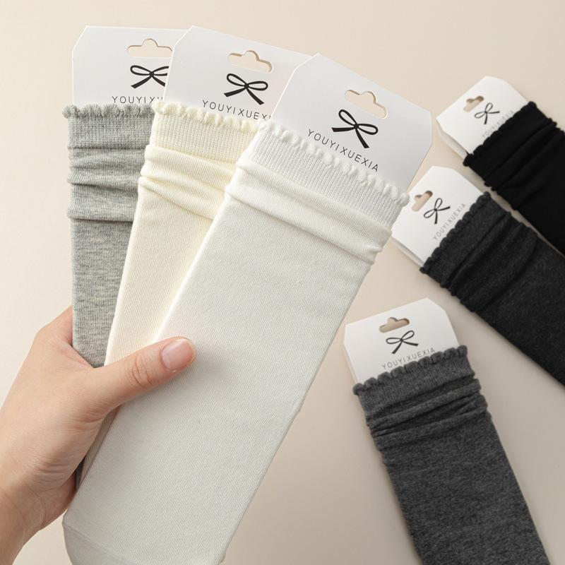 5/10 Pairs Comfortable Casual Lace Socks for Women Solid Color Flat Earring Edge Mid Calf Socks Breathable Sweat Absorbing Cotton Pile Socks