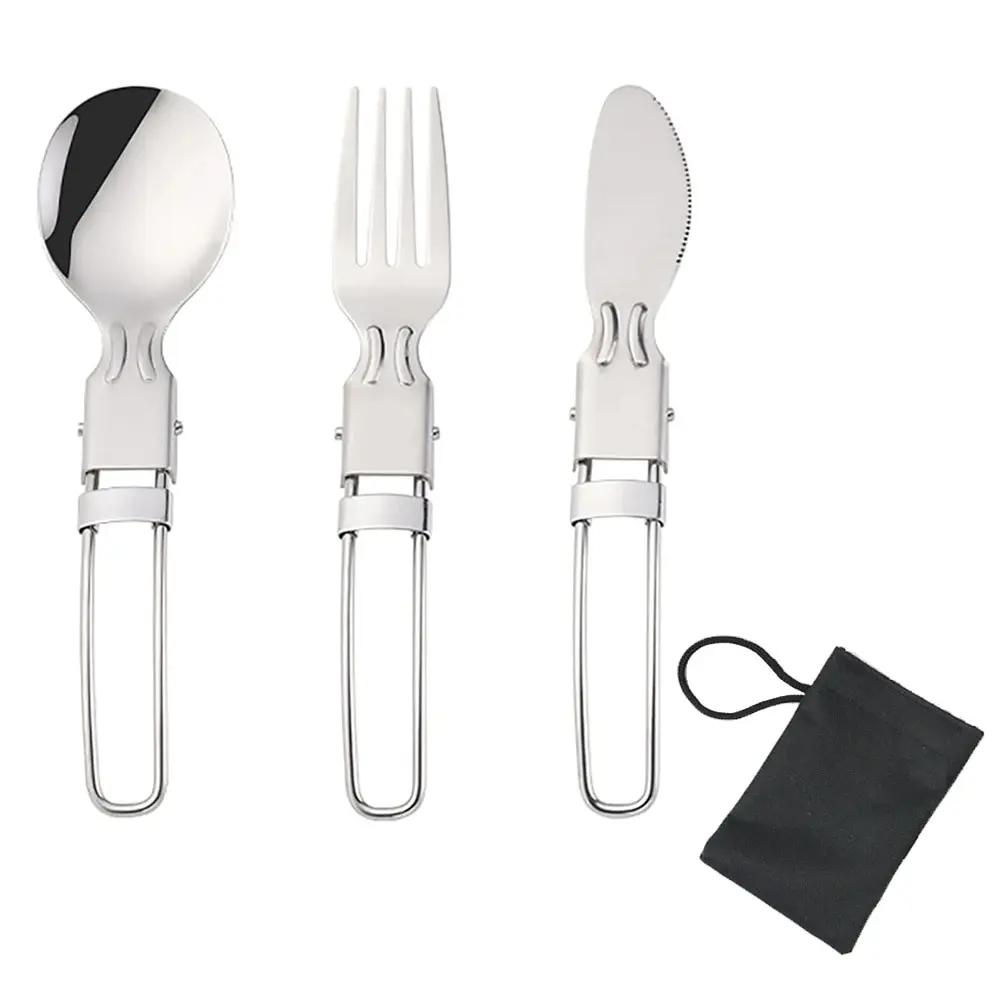 3PCS Camping Flatware Sets Stainless Steel Kitchen Accessory Spoon Fork Knife With Nylon Bag Foldable Tableware Dinnerware Set