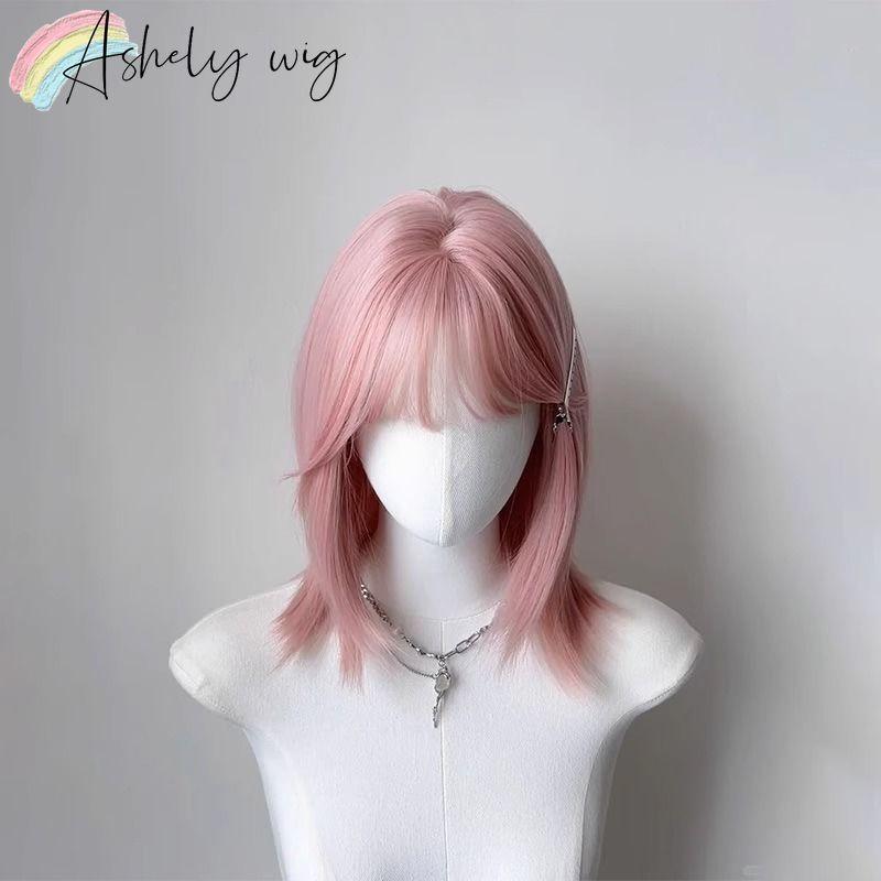 

Ashely Pink Wig with Bangs Cute Jk Short Straight Hair Lolita Girl with Shoulder-length Hair Wig Synthetic Wigs Cosplay for Girl (light pink,12inches&1pc)