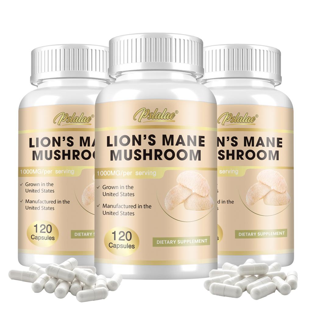 Pslalae Lion's Mane Mushroom Capsules, 1000 mg per serving, all-natural, suitable for both men and women.