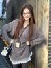 Women's Winter V-Neck Lace Patchwork Knit Sweater - Soft, Warm, Loose, Slimming Design