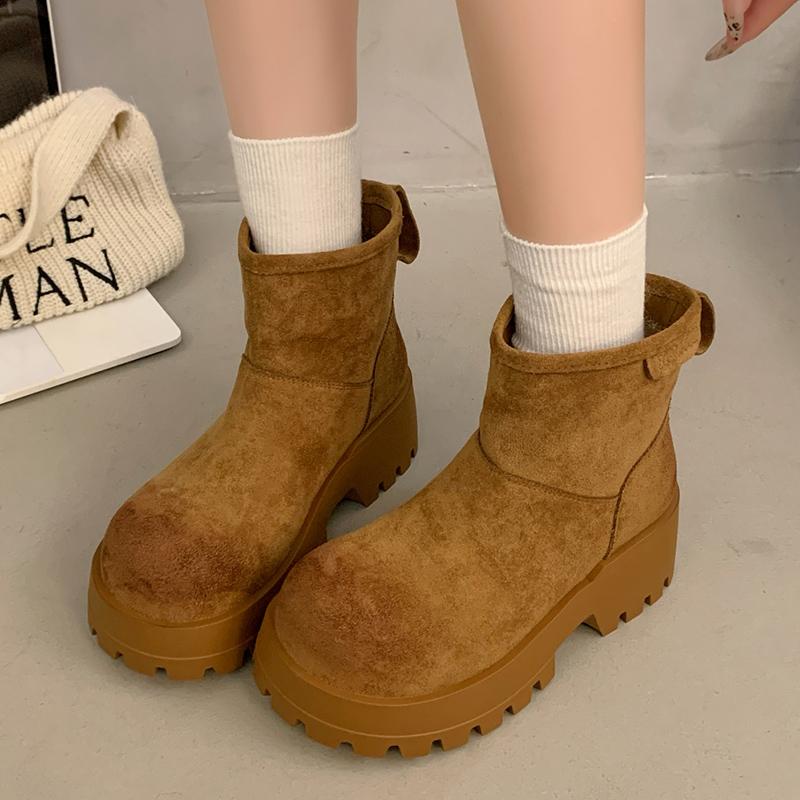 

Замшевые женские ботильоны на платформе, дизайнерские короткие плюшевые туфли на толстом среднем каблуке, тренд 2025 года, новые теплые туфли-лодочки Botas De Mujer 40 жёлтый