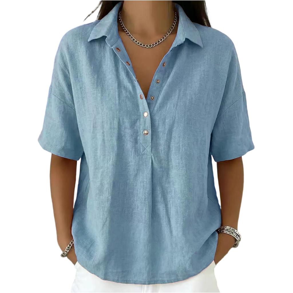 Women's Fashionable Loose-Fit Short-Sleeve Casual Shirt With Half-Zip