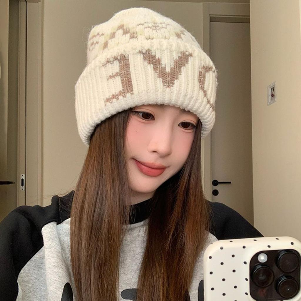 Fair Island style letter jacquard hat women's autumn and winter new warm knitted hat big head circumference wool hat headgear