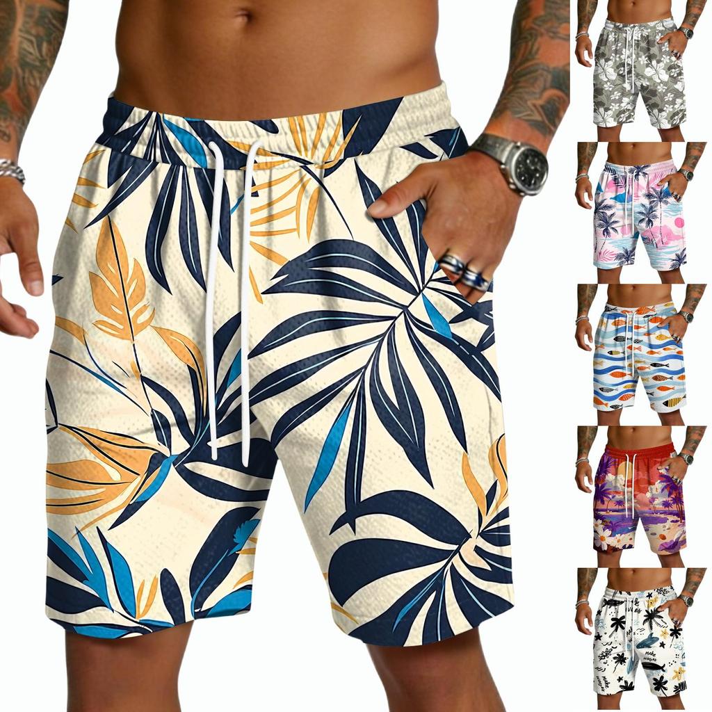 Herren Freizeitshorts mit Kordelzug Leichte Schnelltrocknende Fünf-Punkt-Länge Strandbekleidung Hawaiianischer Print Sommer Sportbekleidung