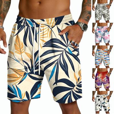 Shorts Masculinos Casuais com Cordão Leves de Secagem Rápida Comprimento de Cinco Pontos Roupa de Praia Estampa Havaiana Roupa Esportiva de Verão