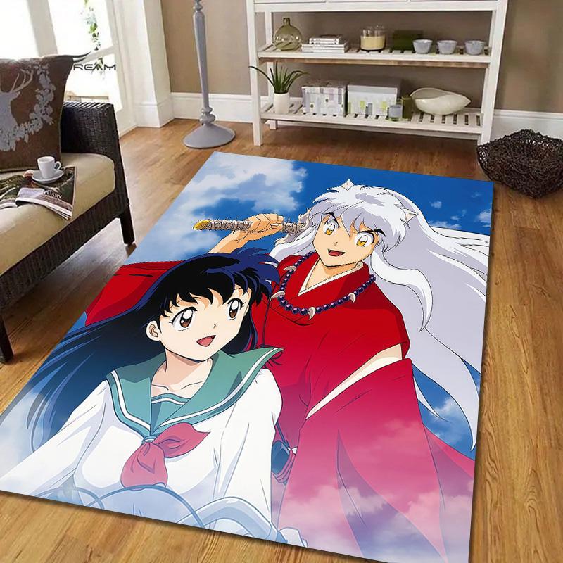 Inuyasha Flannel Pattern Square Carpet,Area Rug,Carpet Rug for Living Room Bedroom Sofa Playroom Decor,Non-slip Floor Mat