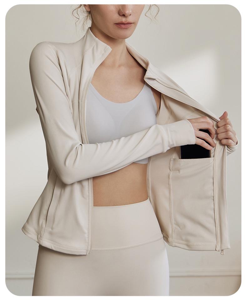 Women's Slim-Fit Stand-Up Collar Yoga Jacket - Long Sleeve, High-Elastic, Zipper Cardigan for Outdoor and Fitness Activities