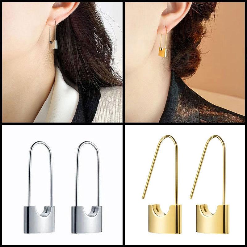 Pin Lock Earrings Premium Sense Light Luxury Niche Earrings Women'S Metal Cold Wind Personality Earrings
