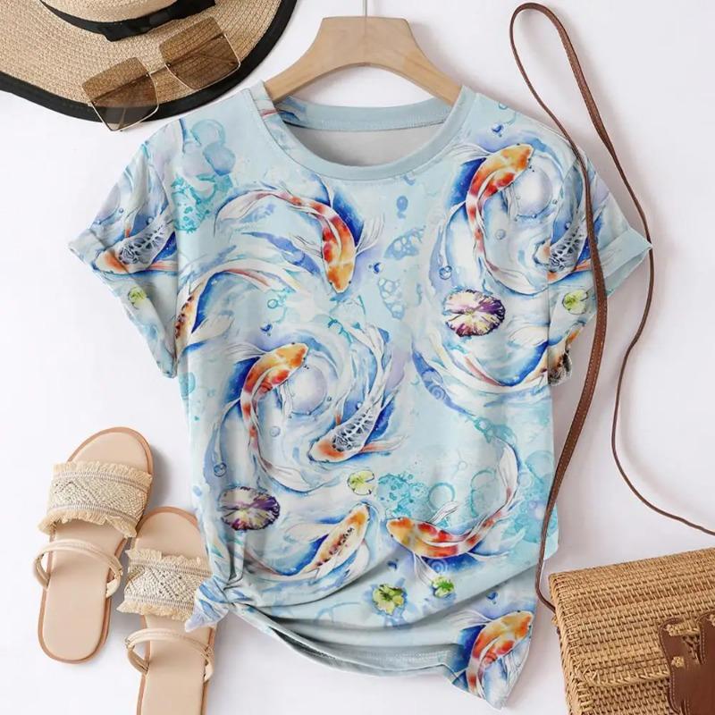 Camisetas Estampadas 3D de Verão Peixe Koi Mulheres Streetwear Moda Casual Harajuku Y2k Camiseta de Manga Curta Gola O Tops Roupas
