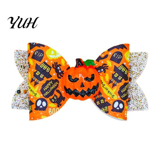 Cute Halloween Hair Accessories Glitter Bow Clips for Kids Baby Girls, Double Layer Party Dress Up Supplies Ghost/Pumpkin/Eyeball Bowtie Pins