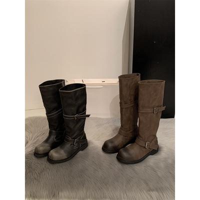 Korean Old Belt Buckle Medium Tube Knight Boots Thick Sole Niche Pile Boots Martin Boots