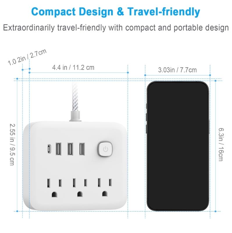 Travel Power Station with 3 Outlets 4 USB Port Flexible Cable For Home Office Safety Efficient Design