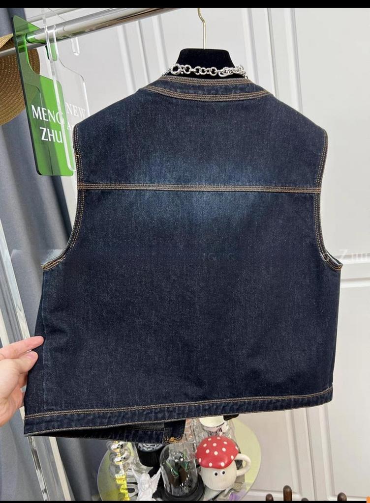 European & Korean Style Contrast Stitch Round Neck Denim Vest