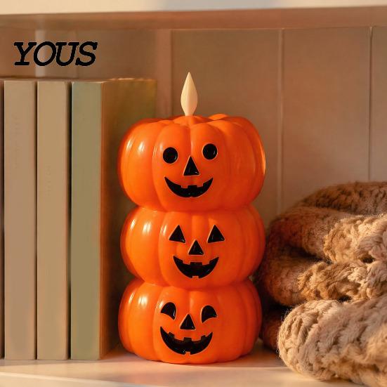 Retro Halloween Table Decoration Flameless Fake Candle, Battery Operated Stacked Pumpkin/Ghost Candle Light, Party Atmosphere Light LED Flickering