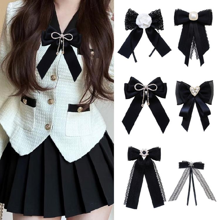 Women's Ribbon Bowtie Brooch Pin Student Uniform Pre Tied Necktie Clip Crystal Pearls Bowknot Corsage Shirt Jabot Collar