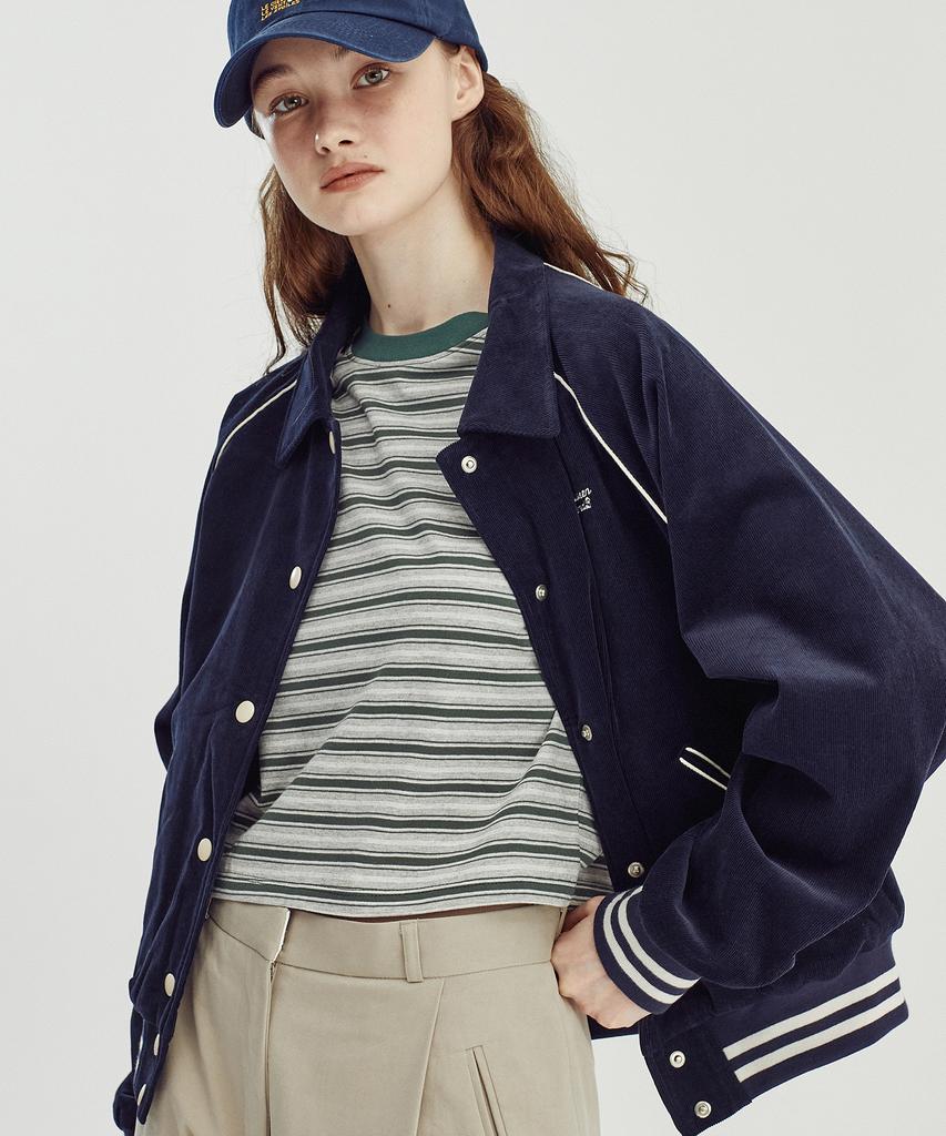 Between A And B Floral Quilted Corduroy Varsity Jacket [Navy]